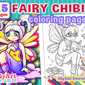 Fee Chibi Malseiten - Fantasy Charakter Malseiten - Druckbare Malseiten - Digitaler Download Kunstwerk