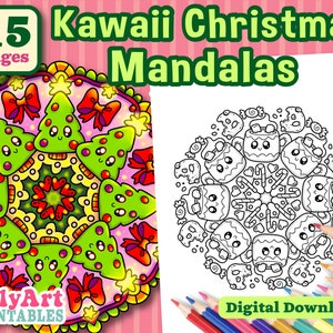 Christmas Mandala Coloring Pages - Kawaii Christmas Artwork - Winter Digital Download Coloring Pages - Printable Christmas Art