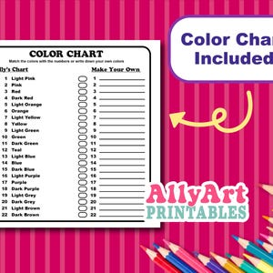 May include: A color chart printable with the text "Color Chart Included." The chart includes a list of colors with corresponding numbers and a section to create your own colors. The AllyArt Printables logo is visible.