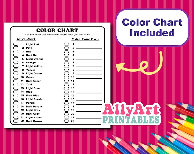 May include: A color chart printable with the text "Color Chart Included." The chart includes a list of colors with corresponding numbers and a section to create your own colors. The AllyArt Printables logo is visible.