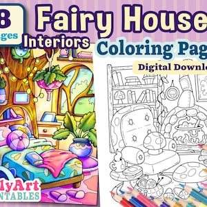 Fairy Houses Interior Coloring Pages - Digital Download Artwork - Fairy House Coloring Pages to Download - Printable