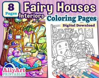 Fairy Houses Interior Coloring Pages - Digital Download Artwork - Fairy House Coloring Pages to Download - Printable