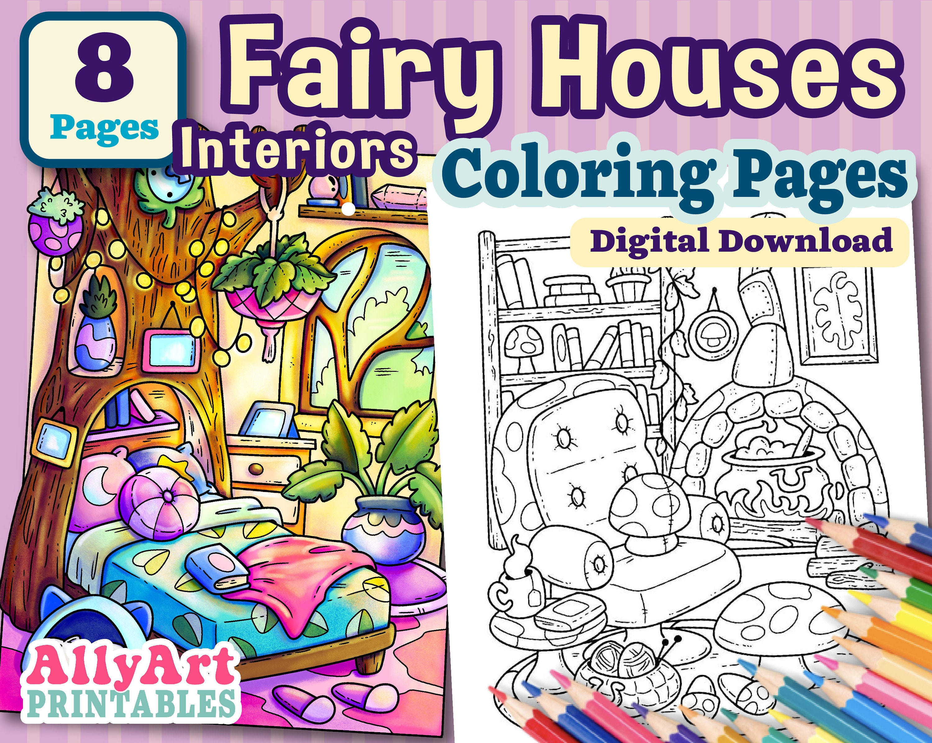 Fairy Houses Interior Coloring Pages Digital Download Artwork Fairy ...