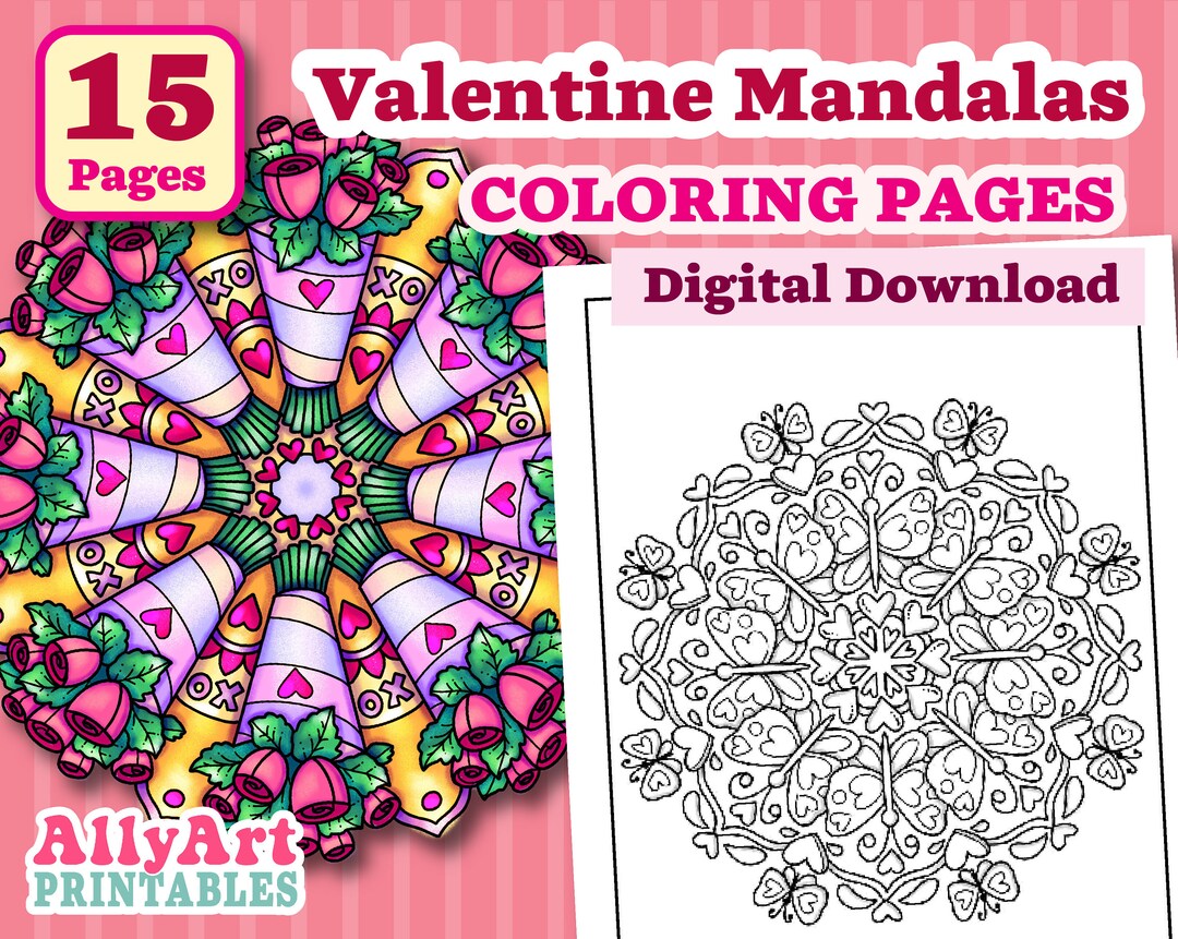 Valentine Mandala Coloring Pages, Valentine's Day Activities, Printable