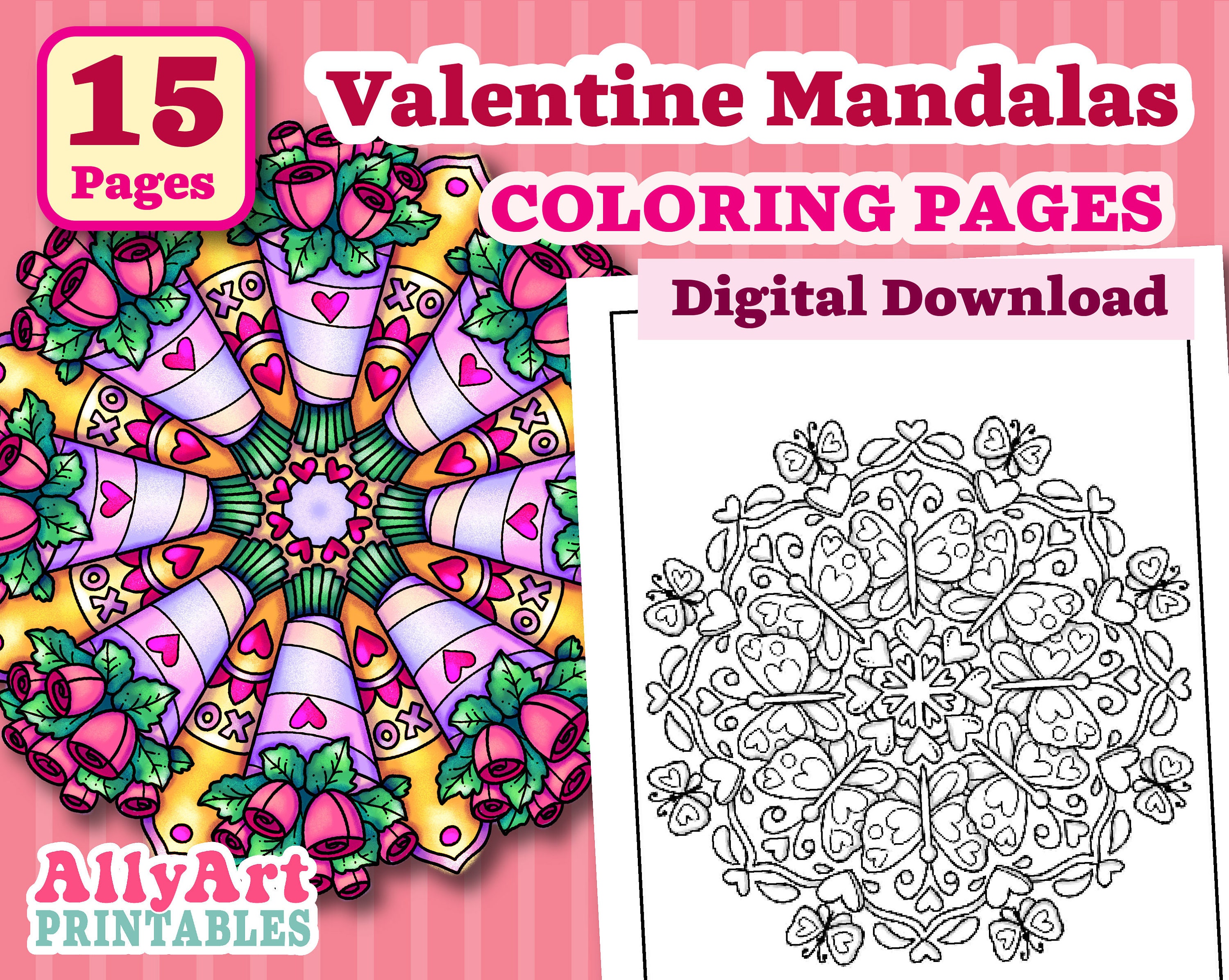 Valentine Mandala Coloring Pages Valentine's Day Etsy