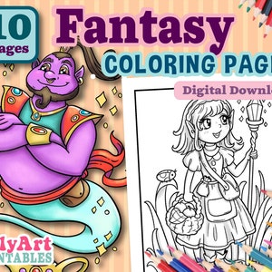 Könnte beinhalten: Ein Set mit 10 druckbaren Malvorlagen mit Fantasy-Charakteren. Die Seiten beinhalten einen Dschinn in einer Lampe und eine Fee mit einem Zauberstab. Der Text "10 Seiten" und "Fantasy Coloring Pages" ist im Bild enthalten. Digitaler Download.
