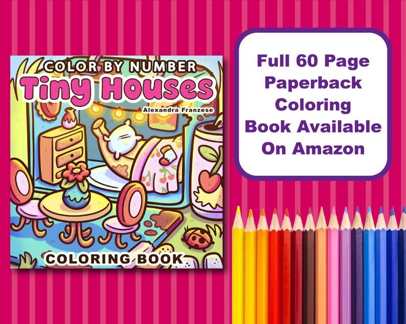May include: A colorful coloring book titled "Color by Number Tiny Houses" with illustrations of tiny house interiors. The cover features a cartoon scene with furniture and a cherry soda can. The text "Full 60 Page Paperback Coloring Book Available On Amazon" is also visible.