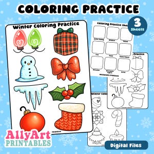 Puede incluir: Hojas de práctica de colorear digitales con ilustraciones con temas de invierno. Incluye imágenes de un muñeco de nieve, adornos, un regalo, un lazo, acebo y un calcetín. El texto dice "Práctica de colorear de invierno" y "Archivos digitales".