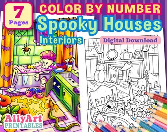Color By Number Spooky Houses Interiors - Halloween Coloring Pages - Printable Coloring Pages for Halloween