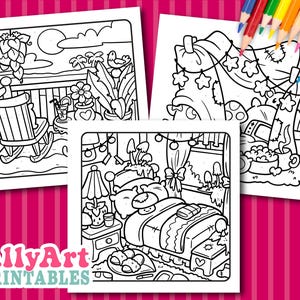 May include: Three black and white coloring pages featuring detailed illustrations of a balcony scene, a pumpkin patch, and a bedroom. A set of colored pencils is visible in the background. The AllyArt Printables logo is in the lower left corner.