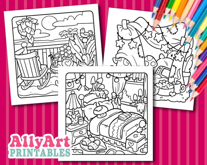 May include: Three black and white coloring pages featuring detailed illustrations of a balcony scene, a pumpkin patch, and a bedroom. A set of colored pencils is visible in the background. The AllyArt Printables logo is in the lower left corner.