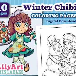 Winter Chibi Coloring Pages, Printable Holiday Coloring Pages, Kids Inside Activities, Relaxing Art Therapy