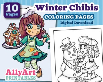 Winter Chibi Coloring Pages, Printable Holiday Coloring Pages, Kids Inside Activities, Relaxing Art Therapy