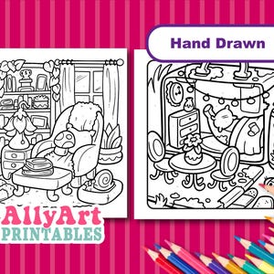 May include: Black and white line art coloring pages featuring cozy interior scenes. One shows a living room with a comfy chair, bookshelf, and side table. The other depicts a bedroom with a bed, side tables, and decorative elements. The text "Hand Drawn" is visible.