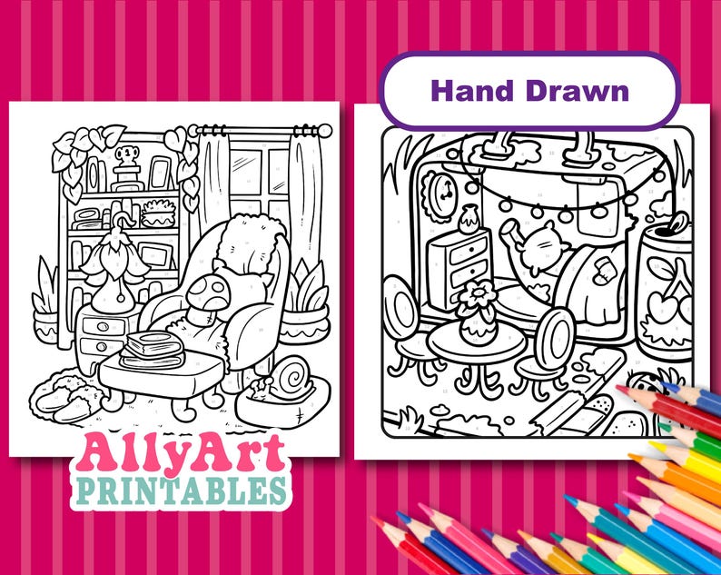 May include: Black and white line art coloring pages featuring cozy interior scenes. One shows a living room with a comfy chair, bookshelf, and side table. The other depicts a bedroom with a bed, side tables, and decorative elements. The text "Hand Drawn" is visible.