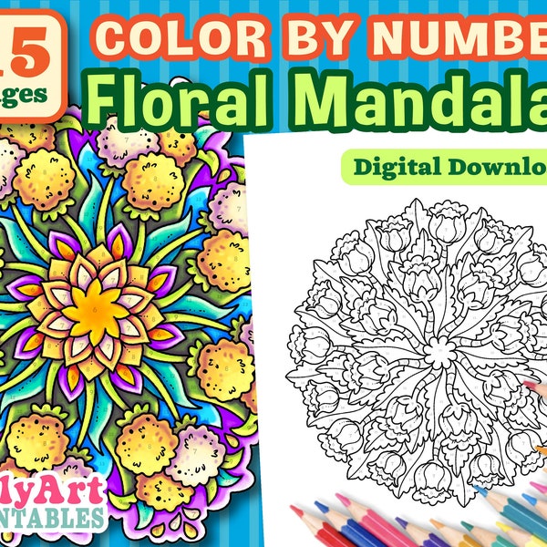 Color By Number Floral Mandalas - Pattern Coloring Pages - Digital Download - Flower Coloring Pages