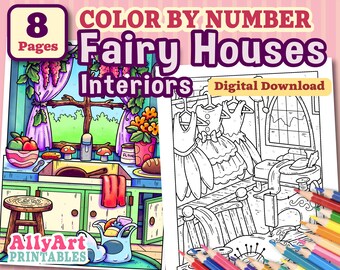 Color By Number Fairy Houses Interiors - Digital Download Coloring Pages - Fairy House Coloring Pages