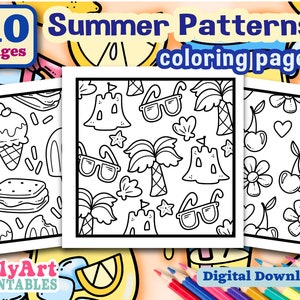 May include: A set of 10 printable coloring pages featuring summer themes. The pages include images of ice cream, sunglasses, palm trees, sandcastles, cherries, and flowers. The text "Summer Patterns Coloring Pages" is at the top of the image.