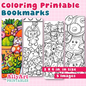May include: A set of five printable coloring bookmarks. Each bookmark has a black and white design, including a teddy bear, cats, and food-themed illustrations. The bookmarks are 5.08 cm x 15.24 cm in size.