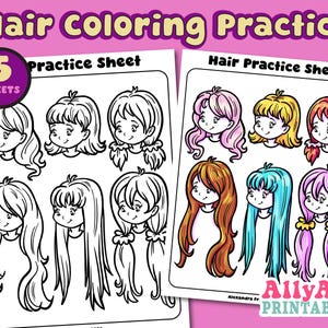 Puede incluir: Cinco hojas de colorear imprimibles que presentan contornos en blanco y negro de chicas con diferentes peinados. El título de la hoja es "Hair Coloring Practice".