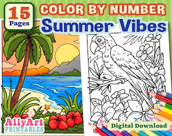 Farbe nach Anzahl Sommer Bilder - Druckbare Sommer Malseiten - Digitaler Download Kunstwerk - Aktivitätsseiten