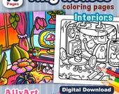 Tiny Houses Interior Pages  - Printable Coloring Pages - Relaxing Activities