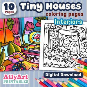 May include: A digital download of 10 Tiny Houses coloring pages featuring interior designs. The image shows a colorful illustration of a room with a flower and a computer, and a black and white line drawing of a room with furniture. The text "Interiors" is visible.