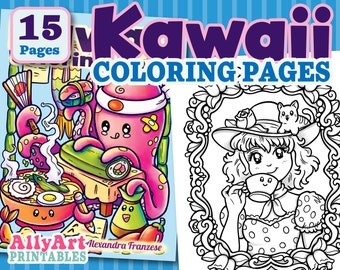 Kawaii afdrukbare kleurplaten, digitale kunst downloaden, kinderactiviteiten, ontspannende activiteiten