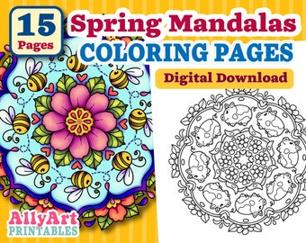 Spring Mandalas Coloring Pages, Coloring Pages for Adults and Kids, Spring Themed Coloring Pages, Digital Download Coloring Pages