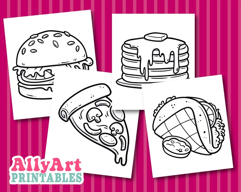 May include: Black and white line art coloring pages featuring a burger, pizza slice, pancakes, and a taco.  These printable coloring pages are perfect for kids and adults who enjoy coloring.