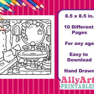 May include: Black and white line art coloring page with a whimsical bathroom scene, featuring a mirror, sink, and mushroom accents. Includes text: 8.5 x 8.5 in., 10 Different Pages, For any age, Easy to Download, Hand Drawn. Colored pencils are in the upper left corner.