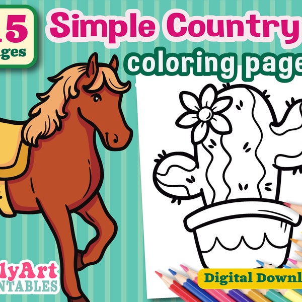 Easy Country Coloring Pages - Bold Line Coloring Pages - For Seniors and Kids to Color - Digital Download