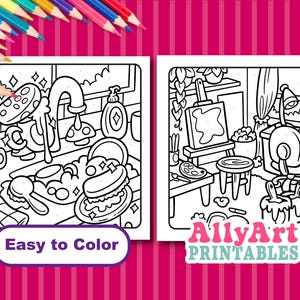 May include: Two black and white coloring pages with the text "Easy to Color" and "AllyArt PRINTABLES". One page depicts a kitchen scene with a sink and dishes. The other shows an artist's studio with an easel and paint.