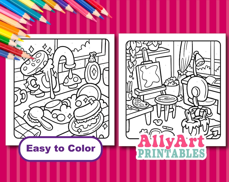 May include: Two black and white coloring pages with the text "Easy to Color" and "AllyArt PRINTABLES". One page depicts a kitchen scene with a sink and dishes. The other shows an artist's studio with an easel and paint.