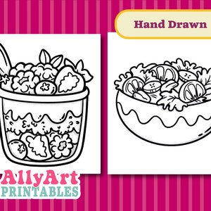 May include: A black and white line drawing of two bowls of food. The first bowl contains a fruit salad with strawberries, blueberries, and raspberries. The second bowl contains a salad with lettuce, cucumbers, and bananas. The text "Hand Drawn" is at the top of the image.