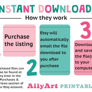 May include: An infographic titled "INSTANT DOWNLOADS" explains how digital files work after purchase. Steps include purchasing the listing, Etsy emailing the file, and downloading it. The AllyArt PRINTABLES logo is at the bottom.