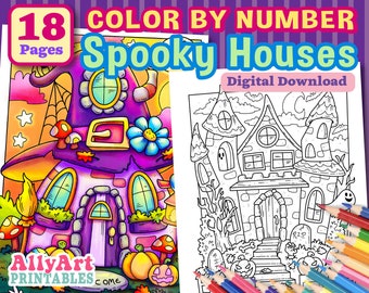 Color By Number Spooky Houses - Digital Halloween Coloring Pages - Spooky Coloring Activities - Printable Halloween Art