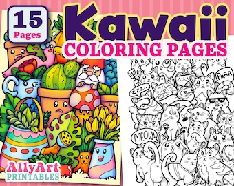 Kawaii Coloring Pages, Digital Art Downloads, Printable Coloring Pages, Kawaii Style Artwork