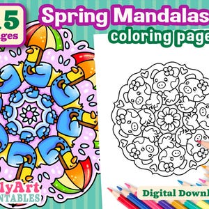 May include: A set of 15 printable colouring pages featuring spring-themed mandalas with cute pig designs. The pages are perfect for adults and children who enjoy colouring and mindfulness activities. Digital Download.