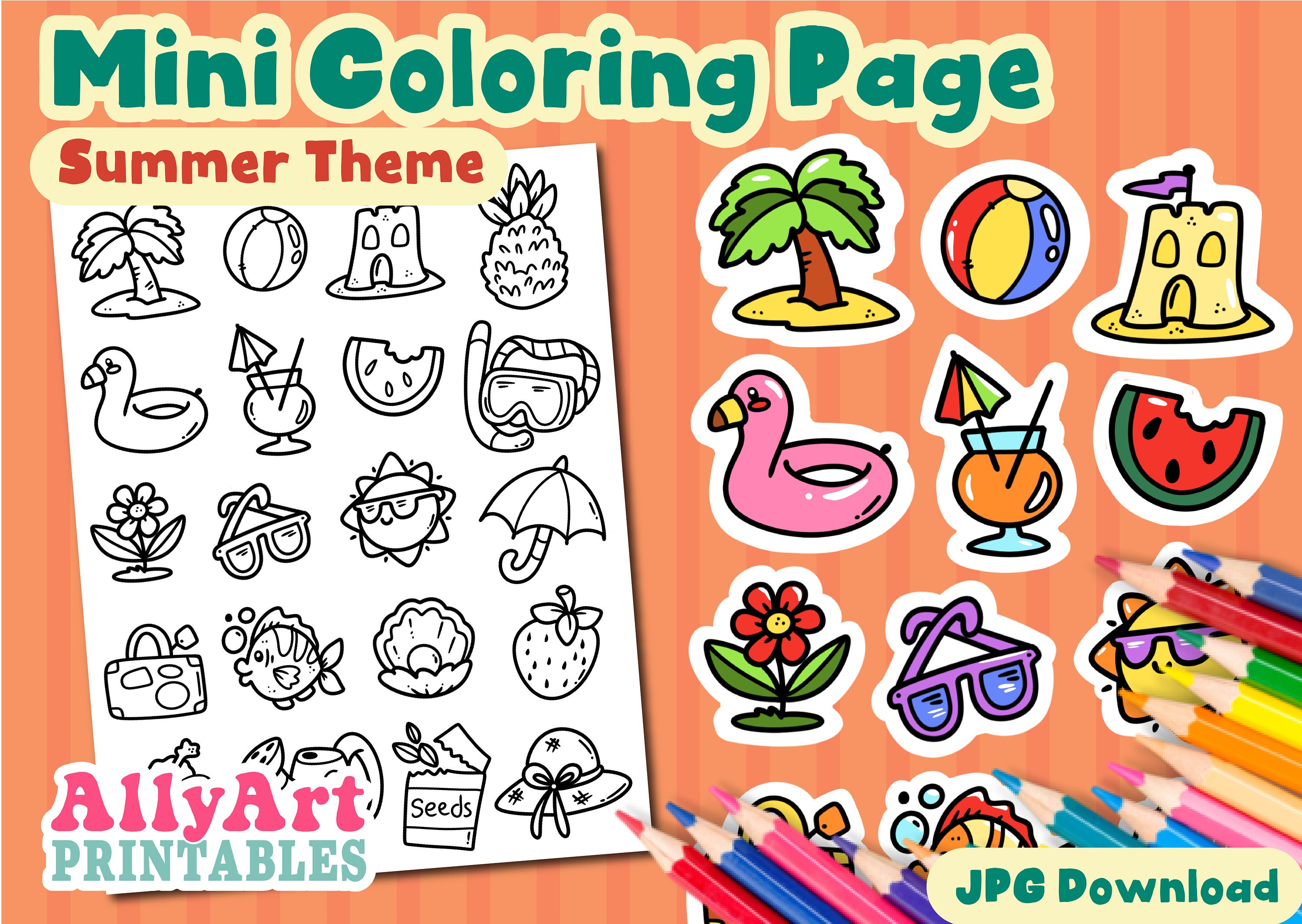 Cute Summer Coloring Page - Mini Images to Color - Printable Coloring ...