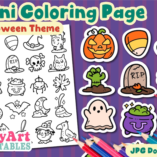 Página para colorear de Halloween - Mini imágenes para colorear - Hoja para colorear imprimible - Hoja para colorear individual
