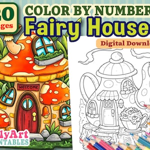 Color By Number Fairy Houses - Digital Download Coloring Pages - Fairy House Coloring Pages