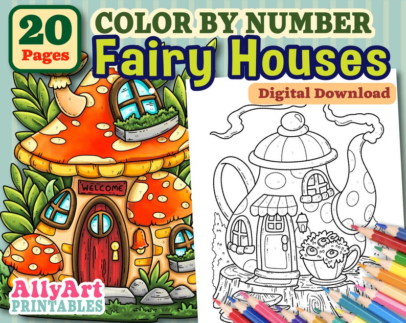 Color By Number Fairy Houses - Digital Download Coloring Pages - Fairy House Coloring Pages image 1