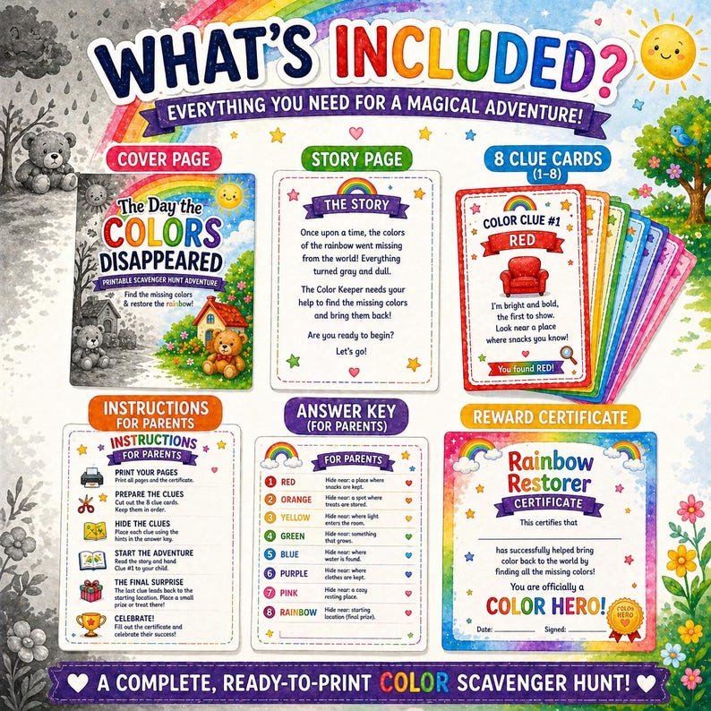 Rainbow Scavenger Hunt Printable | Kids Indoor Treasure Hunt Game (ages ...