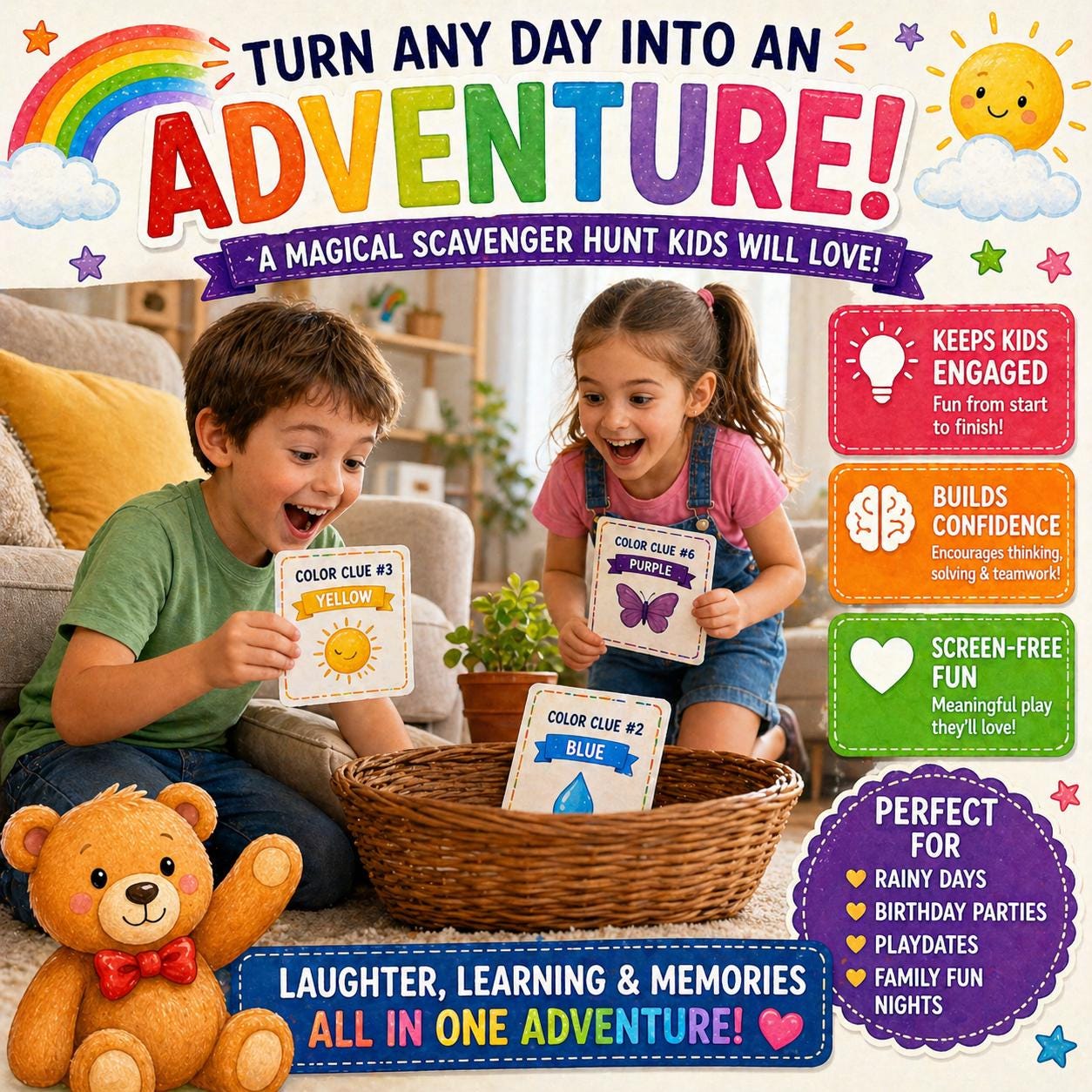 Rainbow Scavenger Hunt Printable | Kids Indoor Treasure Hunt Game (ages ...