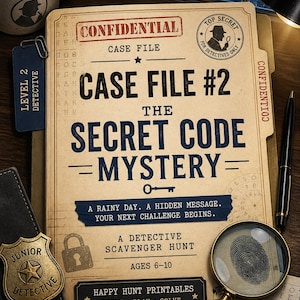May include: A vintage-style detective case file titled "Case File #2: The Secret Code Mystery." The file includes a magnifying glass, a detective badge, and the text "Ages 6-10." A coffee mug and pen are also visible.