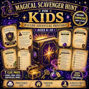 Puede incluir: Un juego de aventuras de mago imprimible para niños de 6 a 10 años. El diseño presenta un libro grande y adornado con una estrella brillante, un cofre del tesoro, llaves y varias tarjetas de pistas. El texto dice "Magical Scavenger Hunt for Kids."