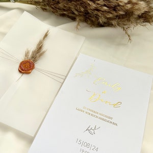 Hochzeitseinladung, Einladungskarten Hochzeit mit Pampasgras, Wachssiegel und getrocknete Blume, minimalistische einladung, Goldfolien Bild 6