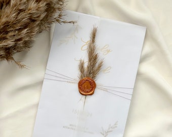 Hochzeitseinladung, Einladungskarten Hochzeit mit Pampasgras, Wachssiegel und getrocknete Blume, minimalistische einladung, Goldfolien