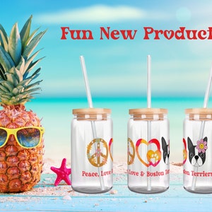 Boston Terrier Peace, Love And Boston Terriers Soda Can Glass, Boston Terrier Glass Can, Boston Terrier Mom Gift, Glass Can With Bamboo Lid